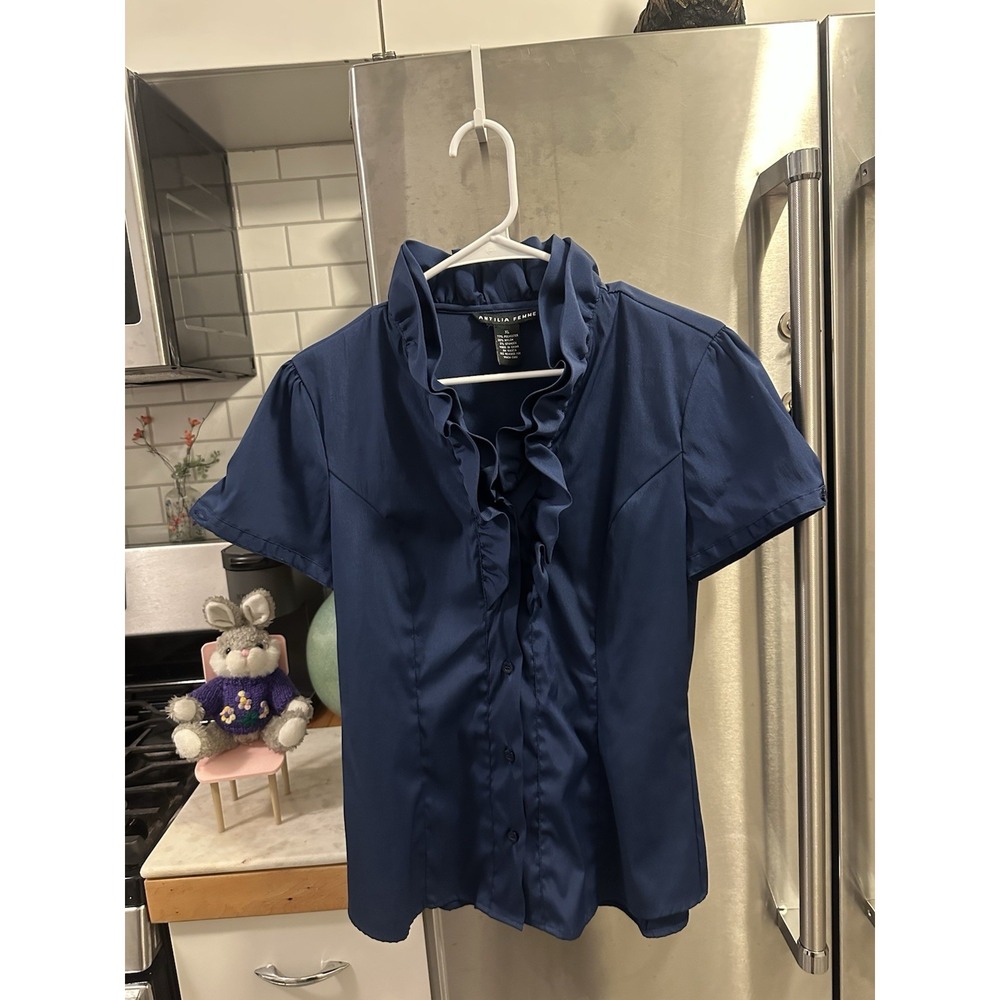 Navy Blue Ruffle V-Neck Top Short Puff Sleeve SzXL Travel Brunch Country Club